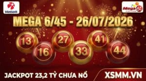 Phân tích xổ số Vietlott Mega 645 ngày 26/07/2026 với dãy số 13 16 27 33 41 44 và Jackpot 23,2 tỷ chưa nổ